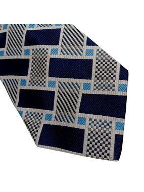 Vintage Clip-On Tie JCPenney 1970's Groovy Geometric Blue & Silver Mens